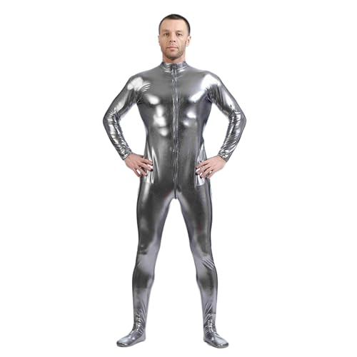 Unisex Metallic-Bodysuit ohne Kapuze, glänzender einteiliger Spandex-Bodysuit für Erwachsene, Halloween-Kostüm (grau, L) von Kreeqe