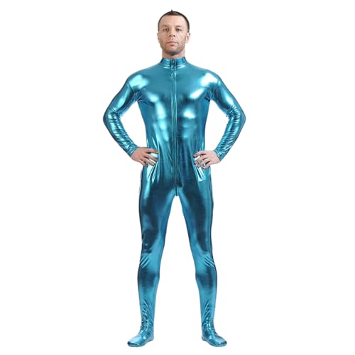 Unisex-Metallic-Bodysuit ohne Kapuze für Erwachsene, glänzender einteiliger Spandex-Bodysuit, Halloween-Kostüm (azurblau, 2XL) von Kreeqe
