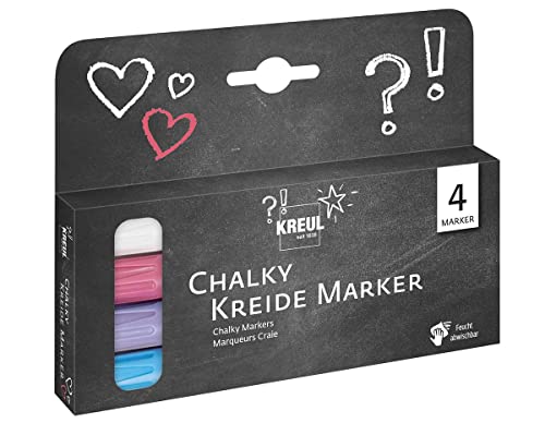 KREUL 22707 - Chalky Kreide Marker Set, 4 Stifte mit formstabiler Rundspitze ca. 2 - 3 mm, matte, non - permanente Flüssigkreide, zum Zeichnen auf Tafeln, Memoboards oder Glasoberflächen von Kreul