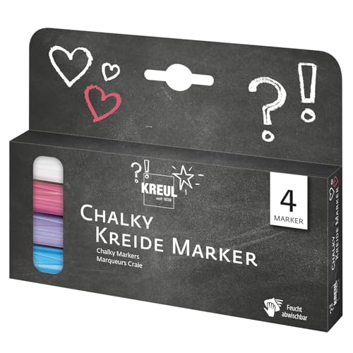 KREUL 22707 - Chalky Kreide Marker Set, 4 Stifte mit formstabiler Rundspitze ca. 2 - 3 mm, matte, non - permanente Flüssigkreide, zum Zeichnen auf Tafeln, Memoboards oder Glasoberflächen von Kreul