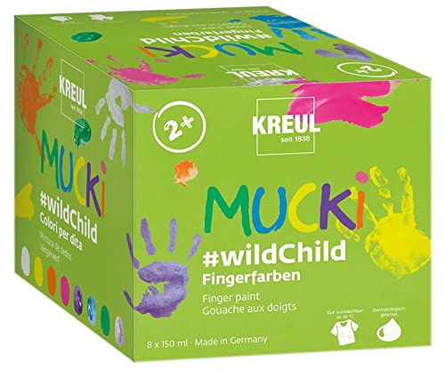 KREUL 2305 - Mucki Fingerfarben Premium Set Wild Child, auf Wasserbasis, für Kinder ab 2 Jahren, 8 x 150 ml Farbe in Weiß, Gelb, Orange, Pink, Zauber-Lila, Diamanten-Blau, Grün, Drachen-Silber von Kreul