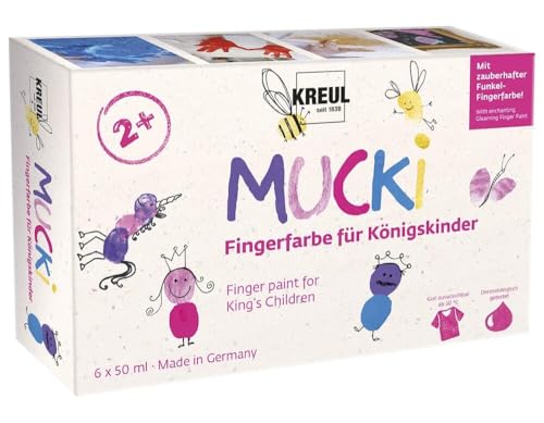 KREUL 23051 - Mucki Fingerfarbe für Königskinder, 6 x 50 ml in Weiß, Feenstaub-Rosa, Pink, Violett, Blau, Goldschatz, parabenfrei, glutenfrei, laktosefrei, vegan, auswaschbar von Kreul