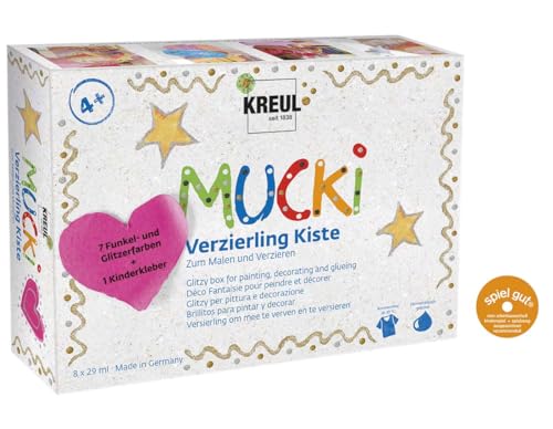 KREUL 24341 - Mucki Verzierling Kiste 7plus1, 7 x 29 ml Verzierlinge und 29 ml Kinderkleber, glitzernde Kindereffektfarbe auf Wasserbasis, parabenfrei, glutenfrei, laktosefrei, vegan, auswaschbar von Kreul