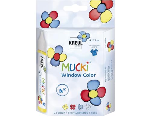 KREUL 24450 - Mucki Window Color Set, 4 x 29 ml Farbe und feste Folie, Fenstermalfarbe auf Wasserbasis, parabenfrei, glutenfrei, laktosefrei, vegan, leicht vermalbar, auswaschbar von Kreul