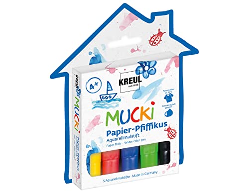 KREUL 27155 - MUCKI Papier Pfiffikus, 5 Stifte Aquarellmalstifte für Kinder in gelb, rot, blau, grün und schwarz, Strichstärke 2 - 5 mm, für beeindruckende Aquarelleffekte von Kreul
