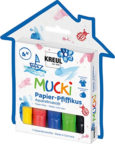 KREUL 27155 - MUCKI Papier Pfiffikus, 5 Stifte Aquarellmalstifte für Kinder in gelb, rot, blau, grün und schwarz, Strichstärke 2 - 5 mm, für beeindruckende Aquarelleffekte KREUL 27155 - MUCKI Papier Pfiffikus, 5 Stifte Aquarellmalstifte für Kinder in gelb, rot, blau, grün und schwarz, Strichstärke 2 - 5 mm, für beeindruckende Aquarelleffekte von Kreul