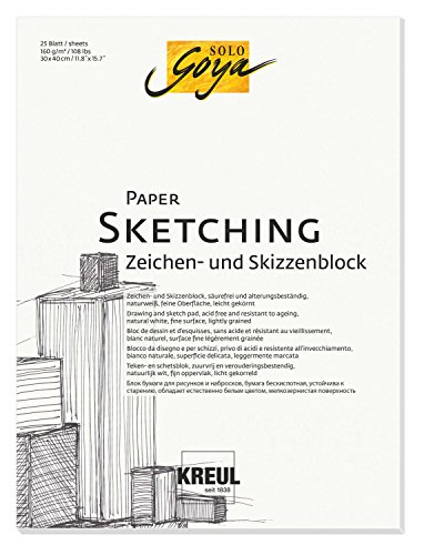 KREUL 68002 - Solo Goya Paper Sketching, Zeichen- und Skizzenblock, 25 Blatt, 160 g/qm, 30 x 40 cm, naturweiß, säurefrei und alterungsbeständig, feine Oberfläche, leicht gekörnt von Kreul