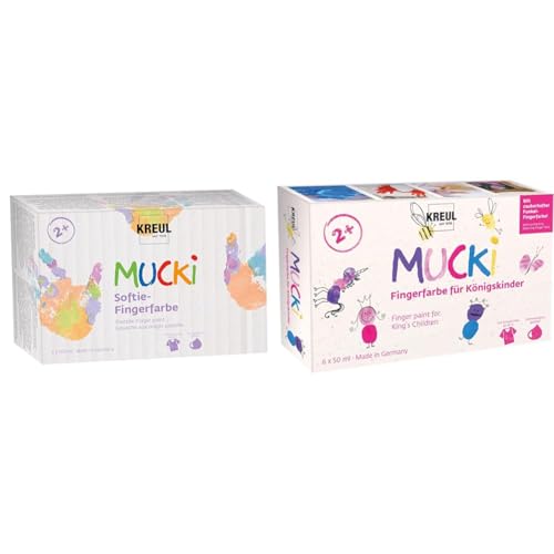 Kreul 2321 - MUCKI Softie-Fingerfarbe, 6 x 150 ml, Pastellfarben auf Wasserbasis & 23051 - Mucki Fingerfarbe für Königskinder, 6 x 50 ml in Weiß Kreul 2321 - MUCKI Softie-Fingerfarbe, 6 x 150 ml, Pastellfarben auf Wasserbasis & 23051 - Mucki Fingerfarbe für Königskinder, 6 x 50 ml in Weiß von Kreul