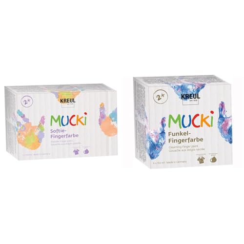 Kreul 2321 - MUCKI Softie-Fingerfarbe, 6 x 150 ml, Pastellfarben auf Wasserbasis & 2318 - Mucki schimmernde Funkel - Fingerfarbe, 4 x 150 ml in rosa, blau, silber und gold Kreul 2321 - MUCKI Softie-Fingerfarbe, 6 x 150 ml, Pastellfarben auf Wasserbasis & 2318 - Mucki schimmernde Funkel - Fingerfarbe, 4 x 150 ml in rosa, blau, silber und gold von Kreul