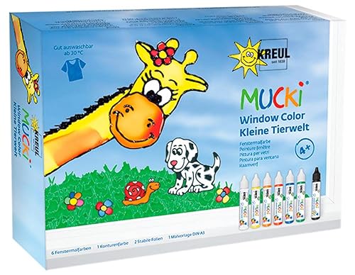 KREUL 24451 - Mucki Window Color Set Kleine Tierwelt, 7 x 29 ml Farbe, Folien und Vorlagen, Fenstermalfarbe auf Wasserbasis, parabenfrei, glutenfrei, laktosefrei, vegan, leicht vermalbar, auswaschbar von Kreul