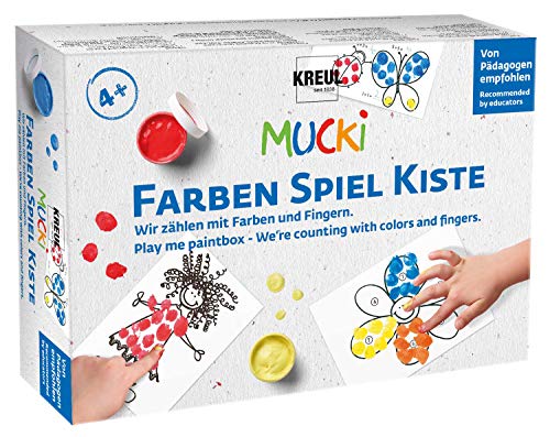 KREUL 29103 - Mucki Fingermalfarbe, Farben Spiel Kiste, Wir zählen mit Farben und Fingern, Lern- und Spielset, 5 x 50 ml Fingerfarbe, 2 kleine Dosen, 14 Motiv-Kärtchen, 1 Anleitung von Kreul