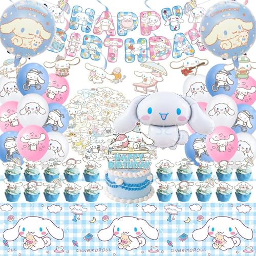 105 Stück Dekoration für Geburtstag, Cinnamoroll, Kinder, Banner, Cartoon-Luftballons, hängende Wirbel, Kuchendekoration, Aufkleber, Tischdecke, Band, Dekoration für Geburtstag, Party Supplies von Krilucly