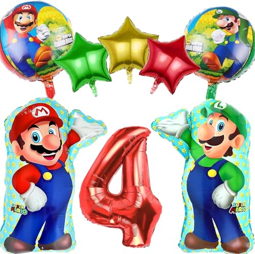 8 Stück Mario Geburtstag Deko 4 Jahr Kindergeburtstag Set, Cartoon Folienballons für Jungen Mädchen von Krilucly