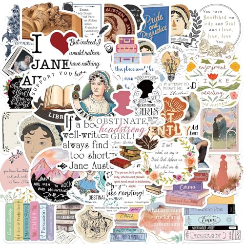Krilucly 50 Stück British Novelist Aufkleber Pack Jane Austen, wasserdichte Vinyl Stickers, für Laptop Skateboard Computer Wasserflaschen Motorrad Gepäck, Graffiti Decal von Krilucly