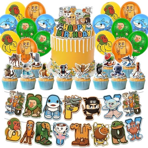 Krilucly Tung Tung Tung Sahur Geburtstagsfeier Dekoration Banner Luftballon Cupcake Topper Happy Birthday Dekorationen Brainrot Geburtstag Mädchen Jungen von Krilucly