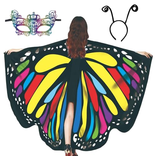 Krmoau Schmetterling Damen Flügel, Umhang Mit Schmetterlingsflügeln, Damen Umhang Mit Schmetterling Haarreif Gesichtsmaske Für Rollenspielzubehör von Krmoau