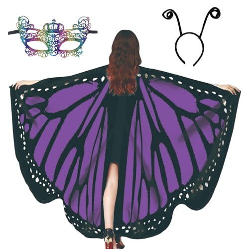 Krmoau Schmetterling Damen Flügel, Umhang Mit Schmetterlingsflügeln, Damen Umhang Mit Schmetterling Haarreif Gesichtsmaske Für Rollenspielzubehör von Krmoau