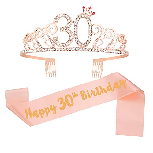 KroY PecoeD 30 Jahre Geburtstag Schal, Rosa Geburtstag Gürtel und Diadem für Damen, Diadem, Prinzessin Happy 30th Birthday Kostüm, Zubehör Dekoration Geburtstag Geschenk von KroY PecoeD