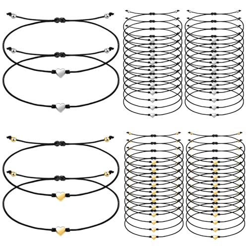 Kronabelle Verstellbare Freundschaftsarmbänder Set für Frauen, 48 Stück mit Regenbogen-Herz-Anhängern, Silber & Gold, ideal für Partys & Geschenke von Kronabelle