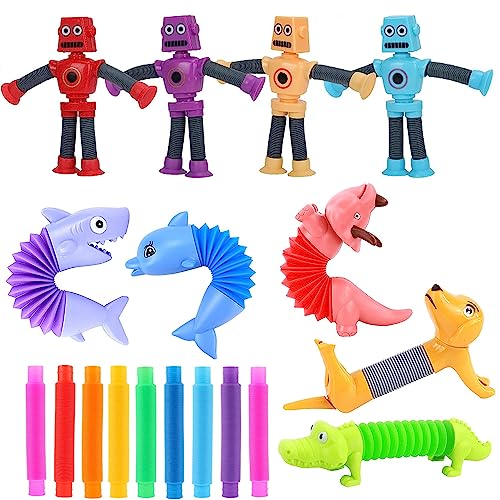 Kryfa Teleskop-Roboter-Saugnapf-Spielzeug, Pop-Tube-Tiere für Kinder 3-5, 5-7, 8-12, Sauger-Pop-Röhren-Roboter, Roboter-Fidget-Spielzeug für Kleinkinder (18 Stück) von Kryfa