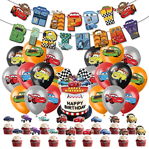 38 pcs Lightning Cars Party Supplies, Karikatur Cars Birthday Themed Party Supplies, Roter Rennwagen Geburtstag Banner Luftballons Cake Topper für Auto Partydekorationen von Ksopsdey