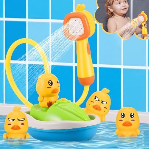 Kssvzz Abnehmbarer Enten-Duschkopf für Baby + 3 Ente Badewannenspielzeug & Elektrische Wasserpumpe mit Motorboot-Design–Wasserspielzeug für Neugeborene/Kleinkind zur Haarreinigung–Badespaß mit Lernspi von Kssvzz