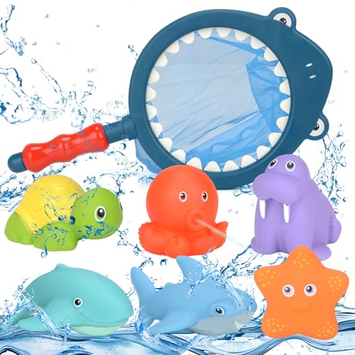 Ksvaye 7 Stück Badewannenspielzeug Baby ab 1 2 3 4 Jahr Baby Spielzeug Wasserspielzeug Kinder Badezeit Fisch Spielzeug Gummi Badewanne Spielzeug, Kann Wasser Versprühen, für Badewanne und Schwimmbad von Ksvaye