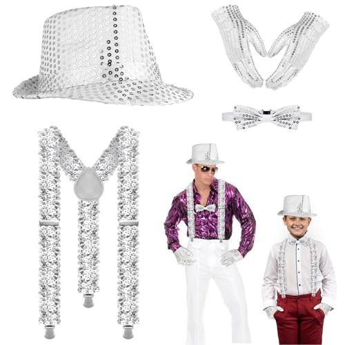 Ksvaye Glitzer Outfit Herren, Glitzer Kostüm Disco Outfit,Glitzer Kostüm Herre,mit Paillettenhut Hosenträger krawatte & Handschuhe, für Erwachsene Kinder 80s Rockstar Cosplay, Maskerade,Festaufführung von Ksvaye
