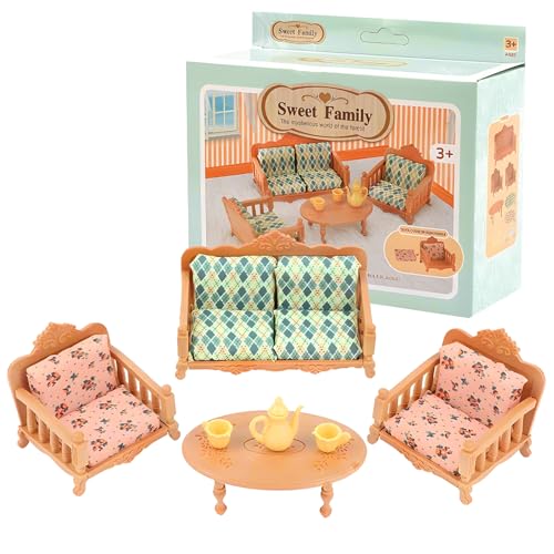 Ksvaye 7-teiliges Mini-Puppenhaus-Möbel-Set, Sofa, 1: 12, Miniatur-Möbel, Sessel, Tisch, Teeservice, Sofa, Miniatur mit Kissen, für Fairy Gardens Puppenhaus von Ksvaye