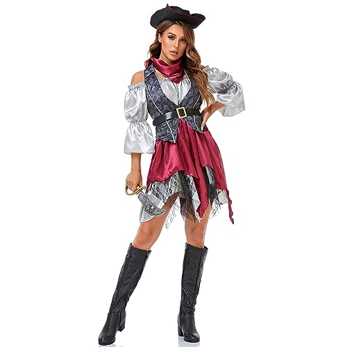 Piraten Kostüm Frauen: Cosplay Sexy Große Größen Prinzessin Kostüm Hippie Lustige Gothic Faschingskostüme Warm Karneval Kostüm mit Hut Und Gürtel Korsett Piratin Kostüm Komplett Karnevalskostüm von Kswlwccpp