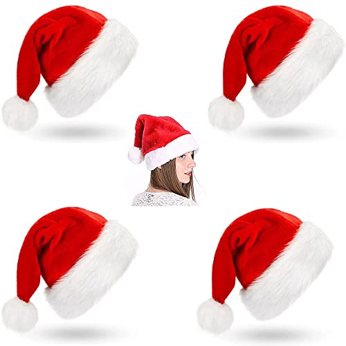 4 Stück Samt Santa Hat, Rot Weihnachtsmütze, Weihnachtsmütze Erwachsene, Unisex Rote Weihnachtsmützen, Christmas Santa Hat für Festliche Partys im Neuen Jahr, Erwachsene Kinder Teenager von Ktnyl