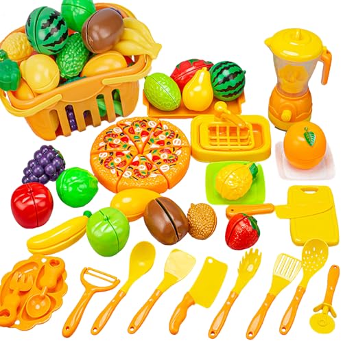 Kinderküche Spielküche Zubehör, 33PCS Kinderküche Zubehör mit Klett-Verbindung Obst Gemüse Lebensmittel Set für Rollenspiele, Küche Spielzeug Lernspielzeug Geschenk für Kinder ab 3 Jahre von Ktnyl