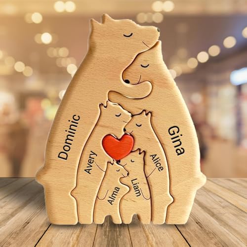 KuSONG Personalisiertes Holzkunstpuzzle der Bärenfamilie mit Namen, Holz Bär Puzzle Bärenbrüder Skulpturen Ornament für Zuhause Personalisiert Familie Geschenk Ideen für Eltern Familie (Families of 6) von KuSONG