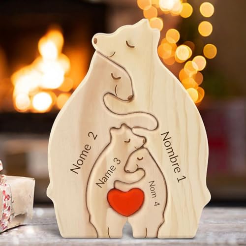 KuSONG Personalisiertes Holzkunstpuzzle Bärenfamilie mit Namen, Holz Bär Puzzle Bärenbrüder Skulpturen Ornament für Zuhause Personalisiert Familie Geschenk Ideen für Eltern Familie (Familiengröße 4) von KuSONG