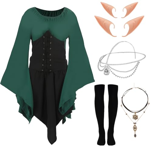 Kuberas Elfenkostüm für Damen, Renaissance, Mittelalter, Wald, Fee, Elfe, Kleid, Zubehör, Halloween, Cosplay, Outfit für Erwachsene, 6 Stück von Kuberas