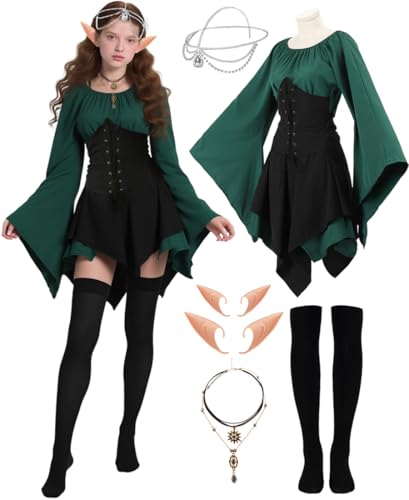 Kuberas Elfenkostüm für Damen, Renaissance, Mittelalter, Wald, Fee, Elfe, Kleid, Zubehör, Halloween, Cosplay, Outfit für Erwachsene, 6 Stück Kuberas Elfenkostüm für Damen, Renaissance, Mittelalter, Wald, Fee, Elfe, Kleid, Zubehör, Halloween, Cosplay, Outfit für Erwachsene, 6 Stück von Kuberas