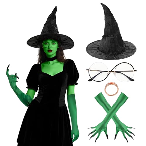 Kuberas Hexenhut Brille Handschuhe Ring Wicked Wizard Mage Hut Halloween Hexe Cosplay Kostüm Zubehör für Frauen, Schwarz, 5 Stück Kuberas Hexenhut Brille Handschuhe Ring Wicked Wizard Mage Hut Halloween Hexe Cosplay Kostüm Zubehör für Frauen, Schwarz, 5 Stück von Kuberas