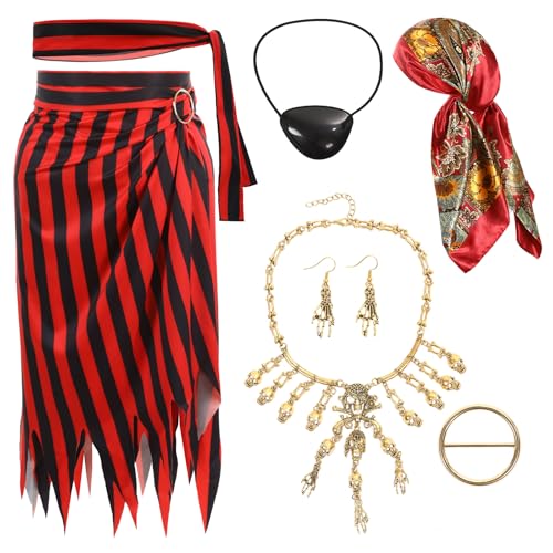 Kuberas Piratenkostüm für Damen, Piratenzubehör, Rock, Kopftuch, Halskette, Augenklappe, Halloween, Cosplay, Outfits für Erwachsene, 7 Stück von Kuberas