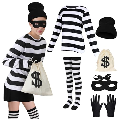 Kuberas Räuber-Kostüm für Damen, Räuber-Shirt, Maske, Kappe, Handschuhe, Zubehör, Halloween, Cosplay, Dieb, Kostüm für Erwachsene, 6 Stück, Schwarz-weiße Streifen, L Kuberas Räuber-Kostüm für Damen, Räuber-Shirt, Maske, Kappe, Handschuhe, Zubehör, Halloween, Cosplay, Dieb, Kostüm für Erwachsene, 6 Stück, Schwarz-weiße Streifen, L von Kuberas