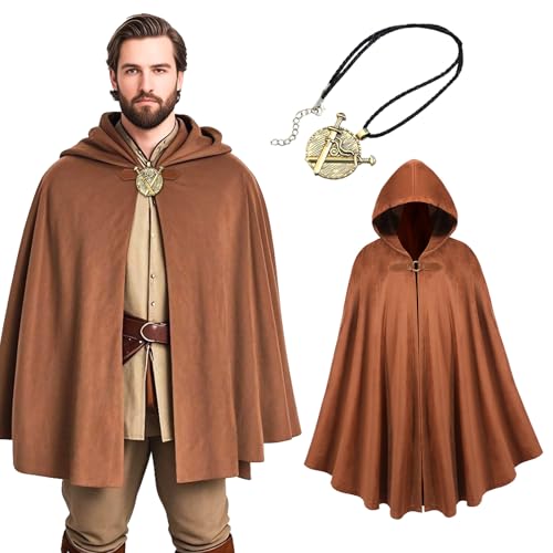 Renaissance Kapuzenumhang mit Halskette, mittelalterlicher Samtumhang mit Kapuze, Wikingermantel, Halloween-Kostüm für Männer und Frauen, Braun, 39.4''/100CM Renaissance Kapuzenumhang mit Halskette, mittelalterlicher Samtumhang mit Kapuze, Wikingermantel, Halloween-Kostüm für Männer und Frauen, Braun, 39.4''/100CM von Kuberas