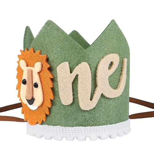 KufaerBeam 1 Geburtstag Krone Hut mit Cartoon Löwe Abzeichen Super Soft Premium 1st Birthday Hut Einstellbare und Wiederverwendbare Baby 1. Geburtstag Dekorationen für Kindergeburtstag Party von KufaerBeam