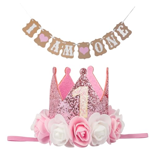 KufaerBeam Kronenhut zum ersten Geburtstag und Geburtstagsflagge für Baby-Mädchen, Kronenhut Dekorationen mit niedlichem Blumenmuster, Stirnband, Geschenk, Foto-Requisite, 1. Geburtstag, Partyzubehör KufaerBeam Kronenhut zum ersten Geburtstag und Geburtstagsflagge für Baby-Mädchen, Kronenhut Dekorationen mit niedlichem Blumenmuster, Stirnband, Geschenk, Foto-Requisite, 1. Geburtstag, Partyzubehör von KufaerBeam