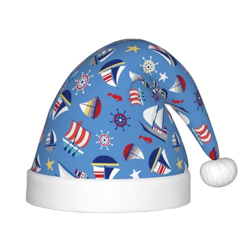 Kuilepa Bunter Weihnachtsmannhut mit Segelboot-Druck, Weihnachtsmütze für Kinder, Unisex, bequeme Weihnachtsmützen für Weihnachten, Neujahr, festliche Partyzubehör von Kuilepa