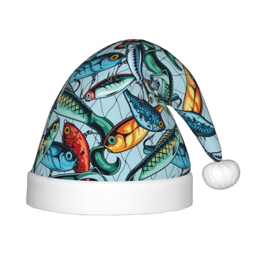 Kuilepa Farbenfroher Weihnachtsmannhut mit Fischköderaufdruck, Weihnachtsmütze für Kinder, bequeme Unisex-Weihnachtsmützen für Weihnachten, Neujahr, Partyzubehör von Kuilepa