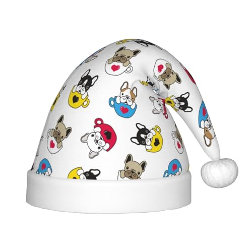 Kuilepa Französische Bulldogge mit Kaffeetasse, Weihnachtsmannhut, Weihnachtsmütze für Kinder, bequeme Unisex-Weihnachtsmützen für Weihnachten, Neujahr, Partyzubehör von Kuilepa