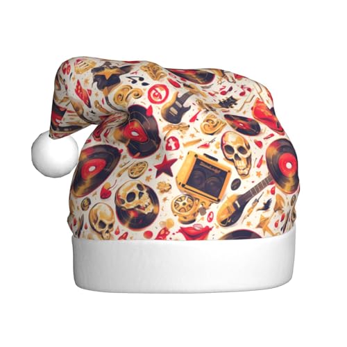 Kuilepa Goldener Totenkopf-Gitarren-Aufdruck, Weihnachtsmütze, Weihnachtsmannmütze, Weihnachtsmütze für Erwachsene, verdickte Weihnachtsmannmützen für Weihnachten, Neujahr, Urlaub, Partyzubehör von Kuilepa