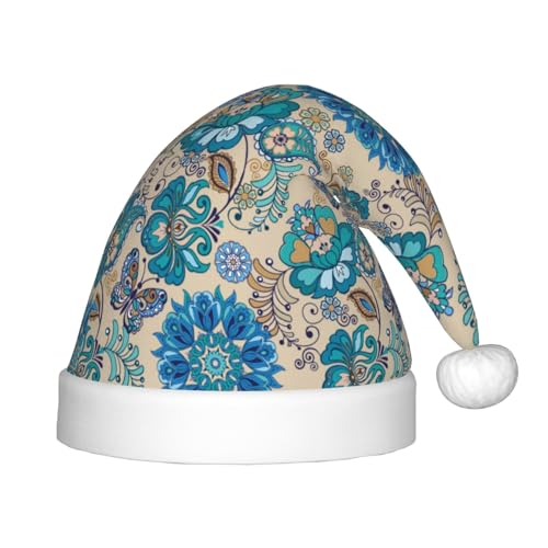 Kuilepa Klassischer Weihnachtsmannhut mit Blumen-Schmetterlingsdruck, Weihnachtsmütze für Kinder, bequeme Unisex-Weihnachtsmützen für Weihnachten, Neujahr, Partyzubehör von Kuilepa