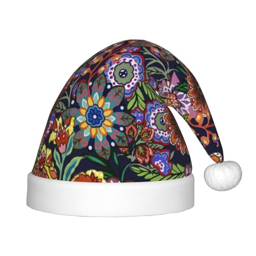 Kuilepa Klassischer Weihnachtsmannhut mit Blumendruck, Weihnachtsmütze für Kinder, bequeme Unisex-Weihnachtsmützen für Weihnachten, Neujahr, Feiertage, Partyzubehör von Kuilepa