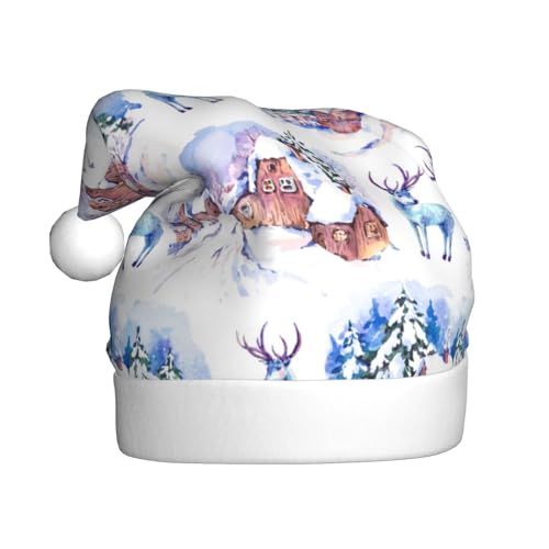 Kuilepa Snowy Cottage Weihnachtsmütze mit Szenenmuster, Weihnachtsmannhut, Weihnachtsmütze für Erwachsene, verdickte Weihnachtsmannmützen für Weihnachten, Neujahr von Kuilepa