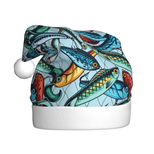 Kuilepa Weihnachtshut mit Fischköderdruck, Weihnachtsmannmütze, Weihnachtsmütze für Erwachsene, verdickte Weihnachtsmannmützen für Weihnachten, Neujahr, Partyzubehör von Kuilepa